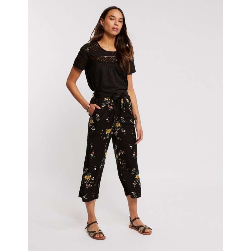 Fat Face Black High Rise Floral Windswept Posy Cropped Trouser Pants Pull On